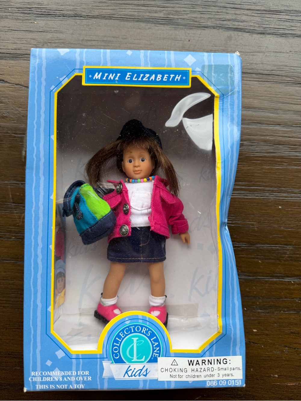 Vintage Mini Elizabeth Kids Pink Jacket Doll with Blue Backpack -